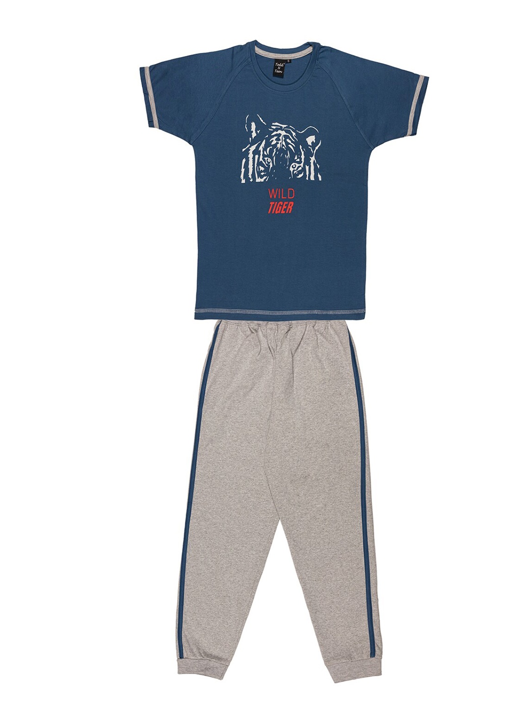 

Todd N Teen Boys Blue & Grey Printed Pure Cotton T-shirt with Pyjamas