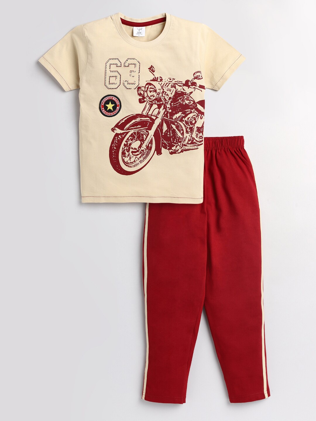 

Todd N Teen Boys Beige & Maroon Printed Pure Cotton T-shirt with Trousers