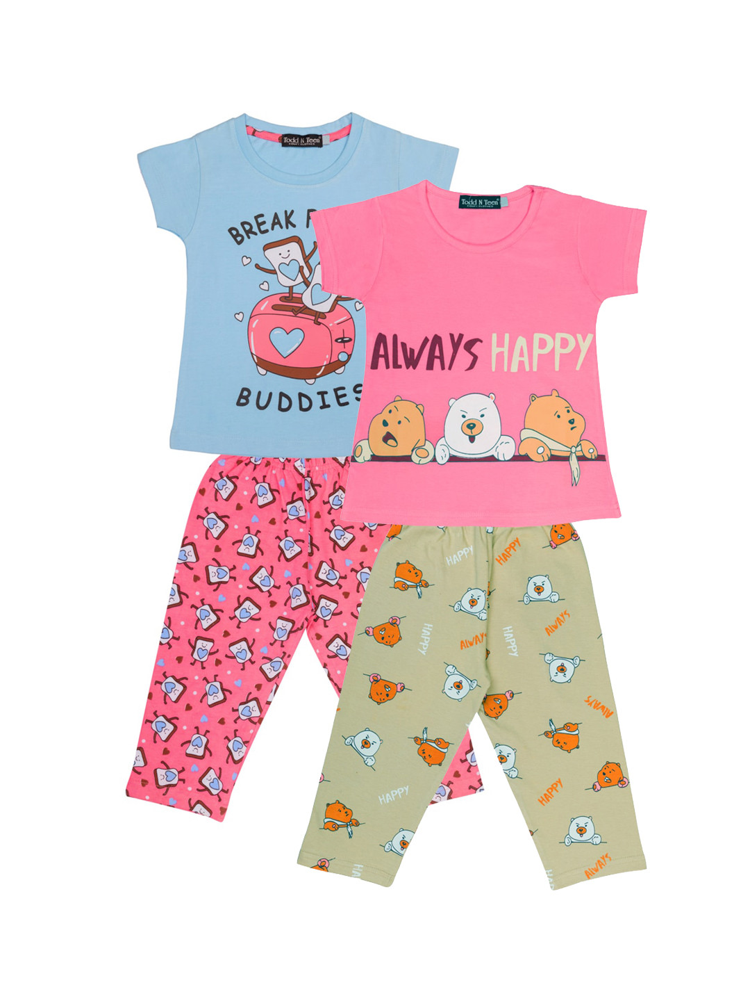 

Todd N Teen Girls Pack of 2 Pink & Blue Printed Pure Cotton Night suit
