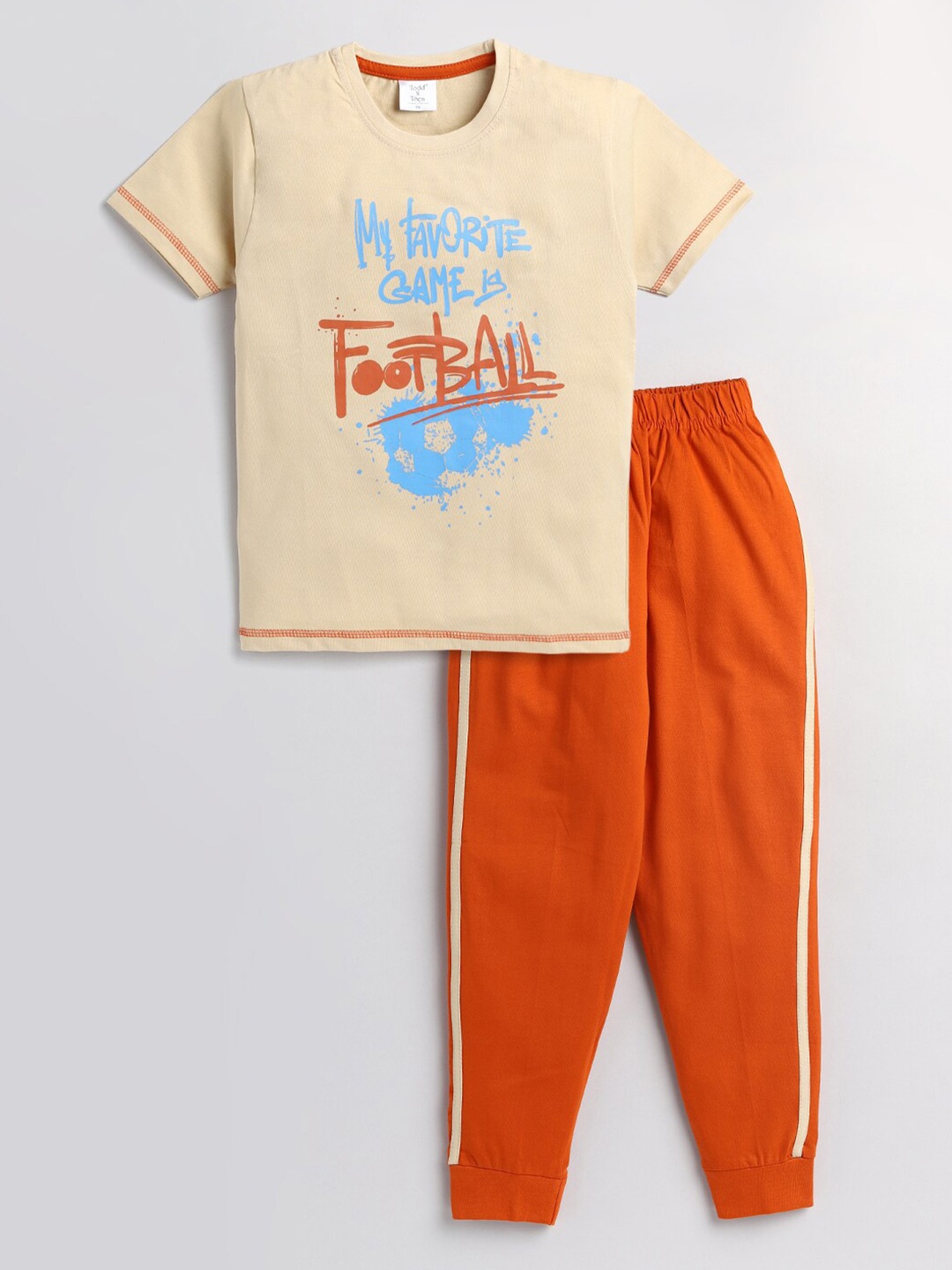 

Todd N Teen Boys Cream-Coloured & Rust Printed T-shirt with Trousers