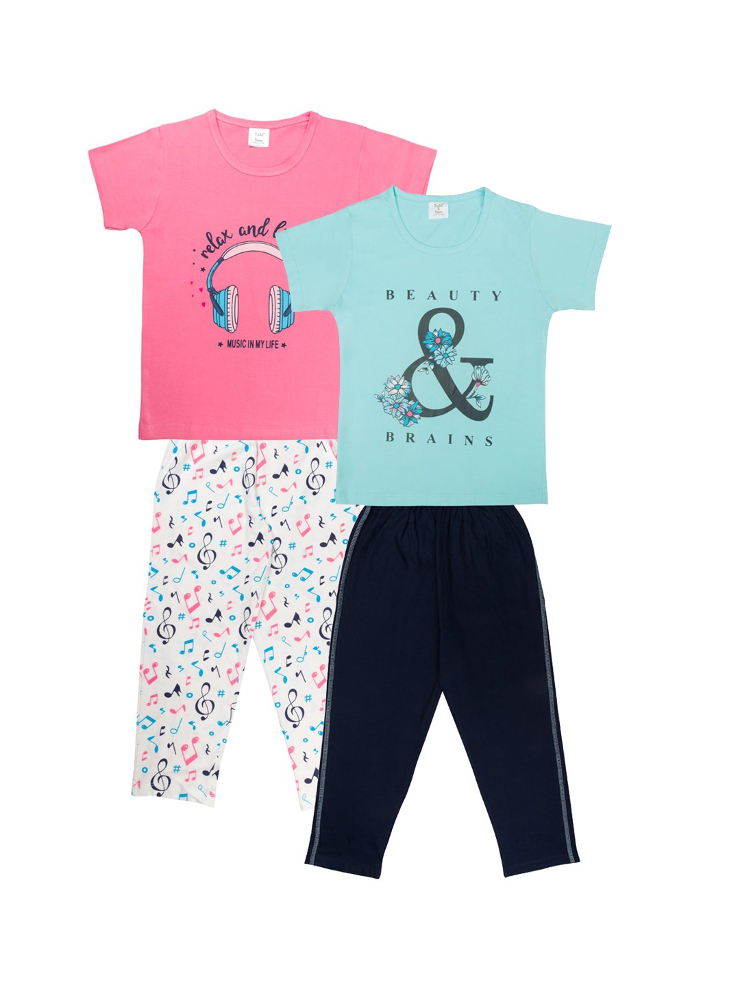 

Todd N Teen Girls Blue & Pink Pack of 2 Printed Cotton Night Suit