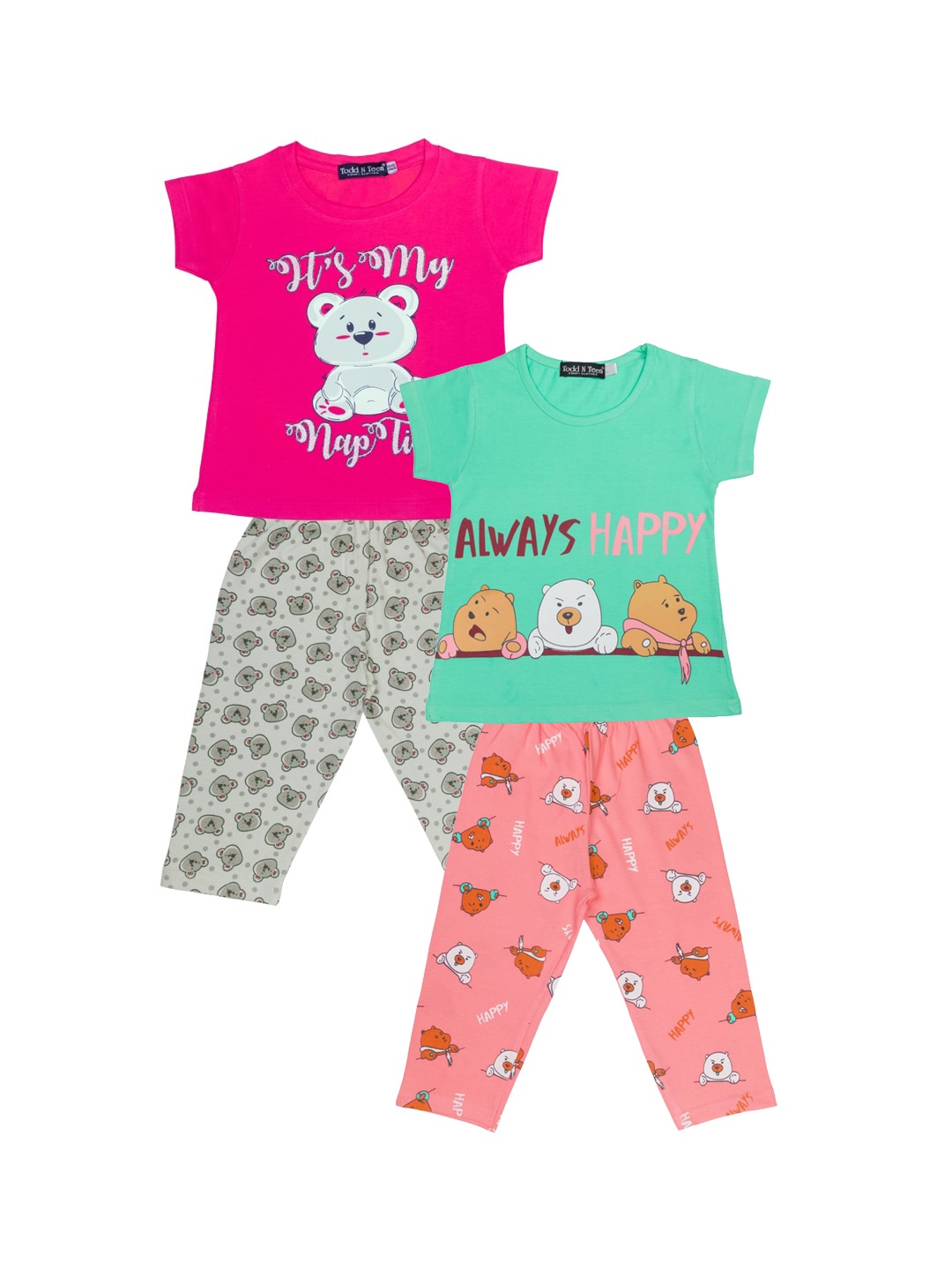 

Todd N Teen Girls Pink & Green Set Of 2 Printed Cotton Night suit