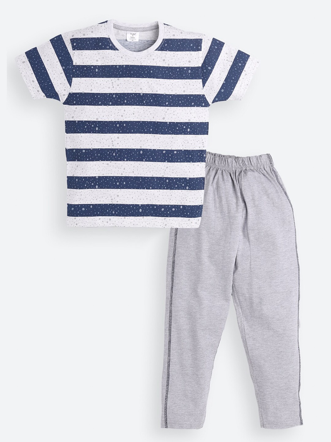 

Todd N Teen Boys Navy Blue & Grey Striped Pure Cotton T-shirt with Trousers