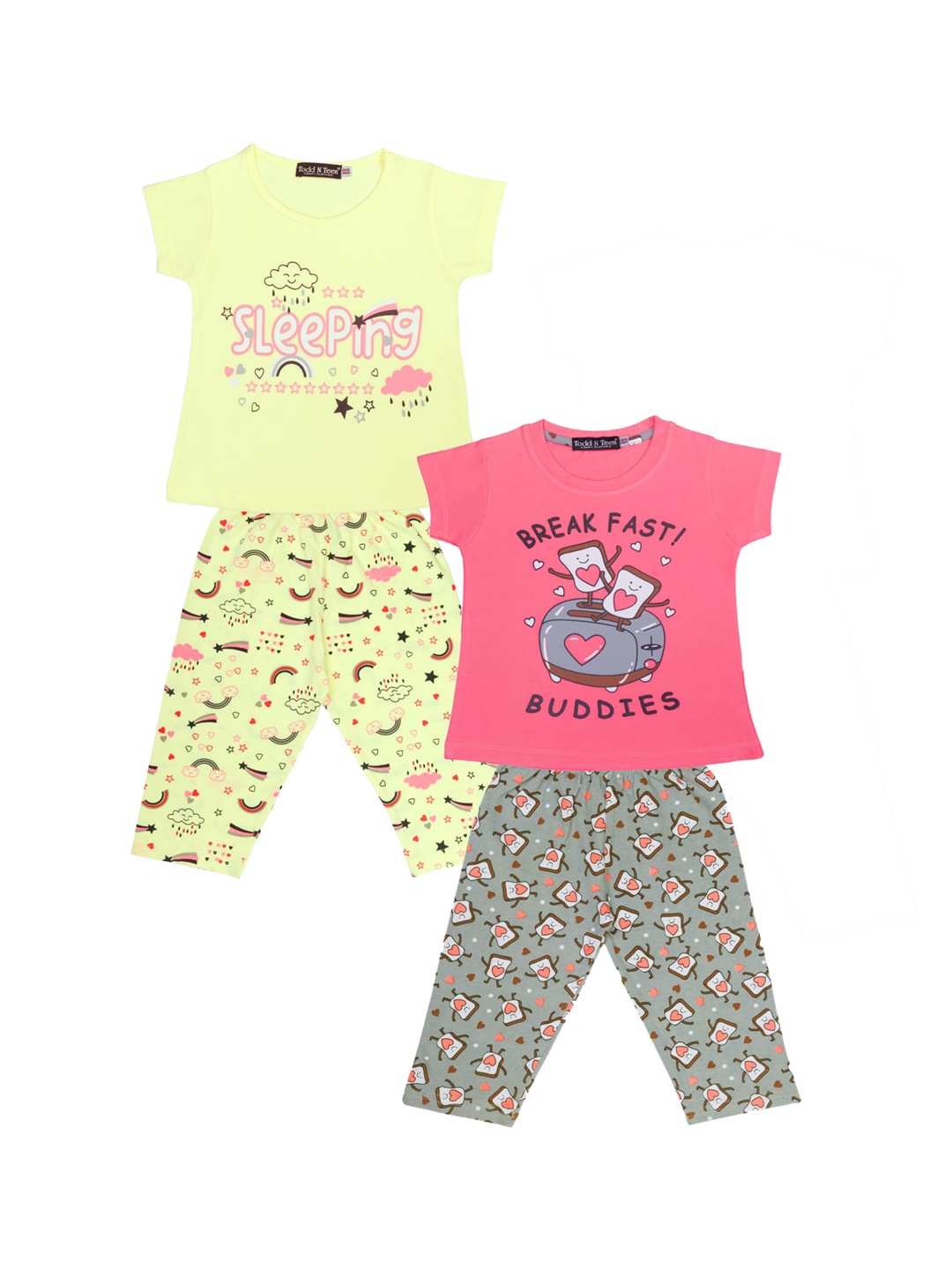 

Todd N Teen Girls Pack Of 2 Yellow & Pink Pure Cotton Printed Night suit
