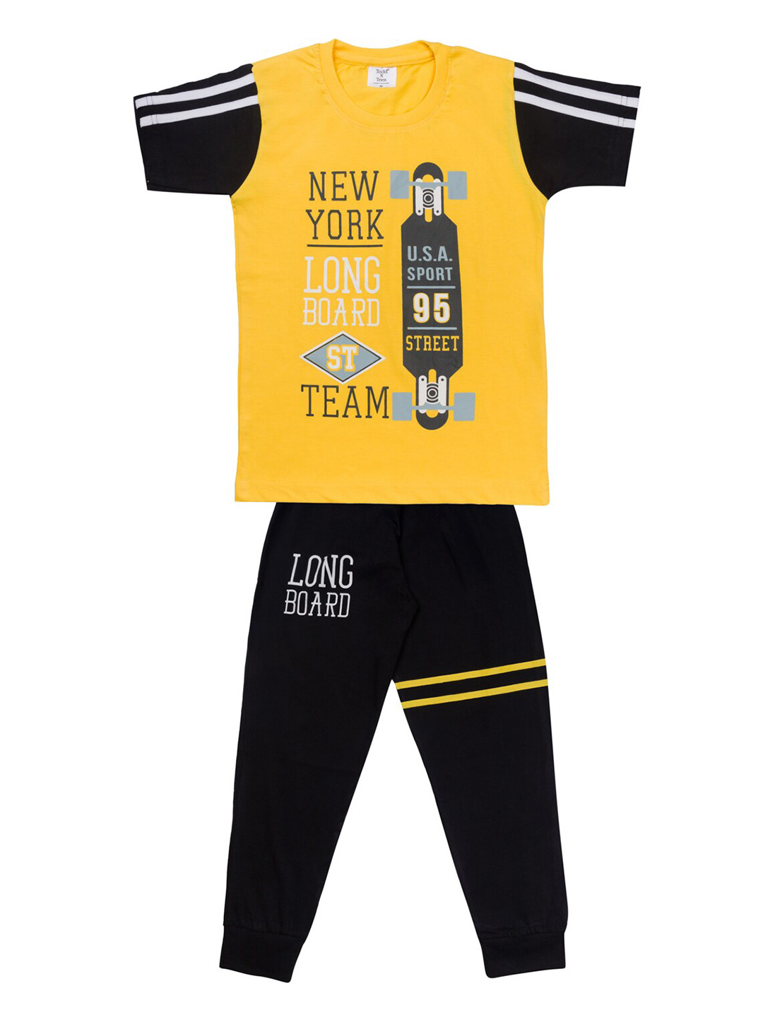 

Todd N Teen Boys Yellow & Black Printed Pure Cotton T-shirt with Trousers