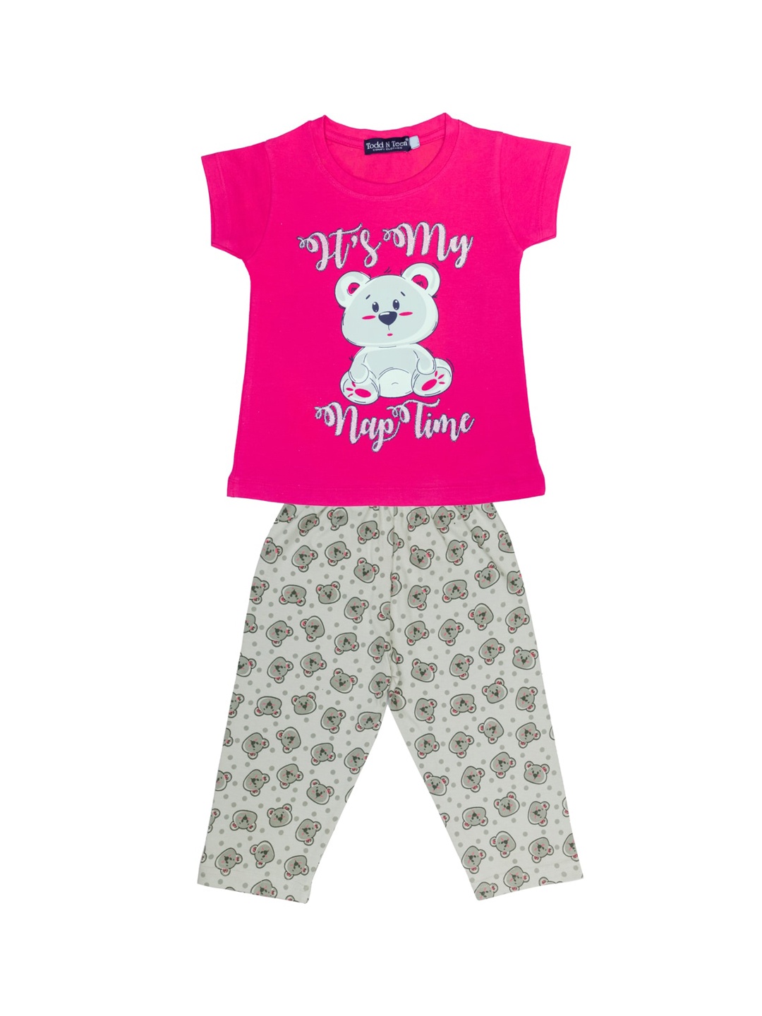 

Todd N Teen Girls Pink & Grey Cotton Printed Pure Cotton Night suit