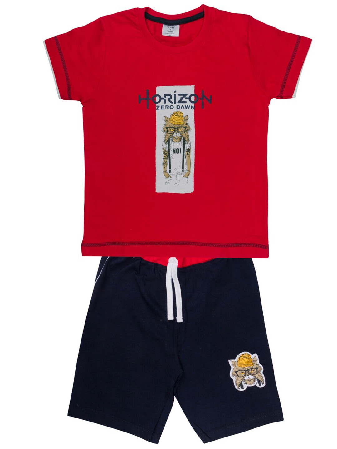 

Todd N Teen Boys Red & Navy Blue Printed Pure Cotton T-shirt with Shorts