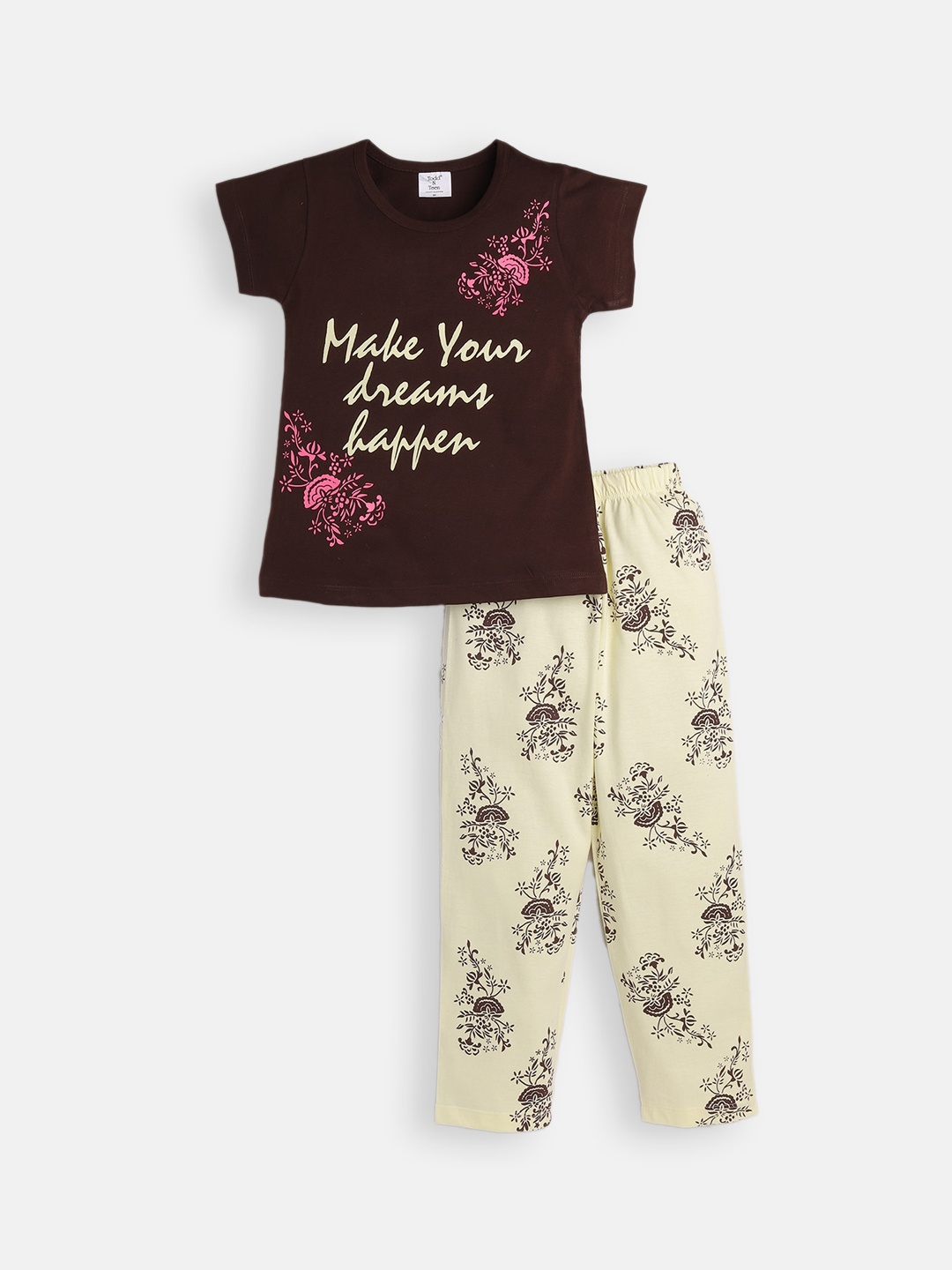 

Todd N Teen Girls Brown & Cream-Coloured Printed Night suit