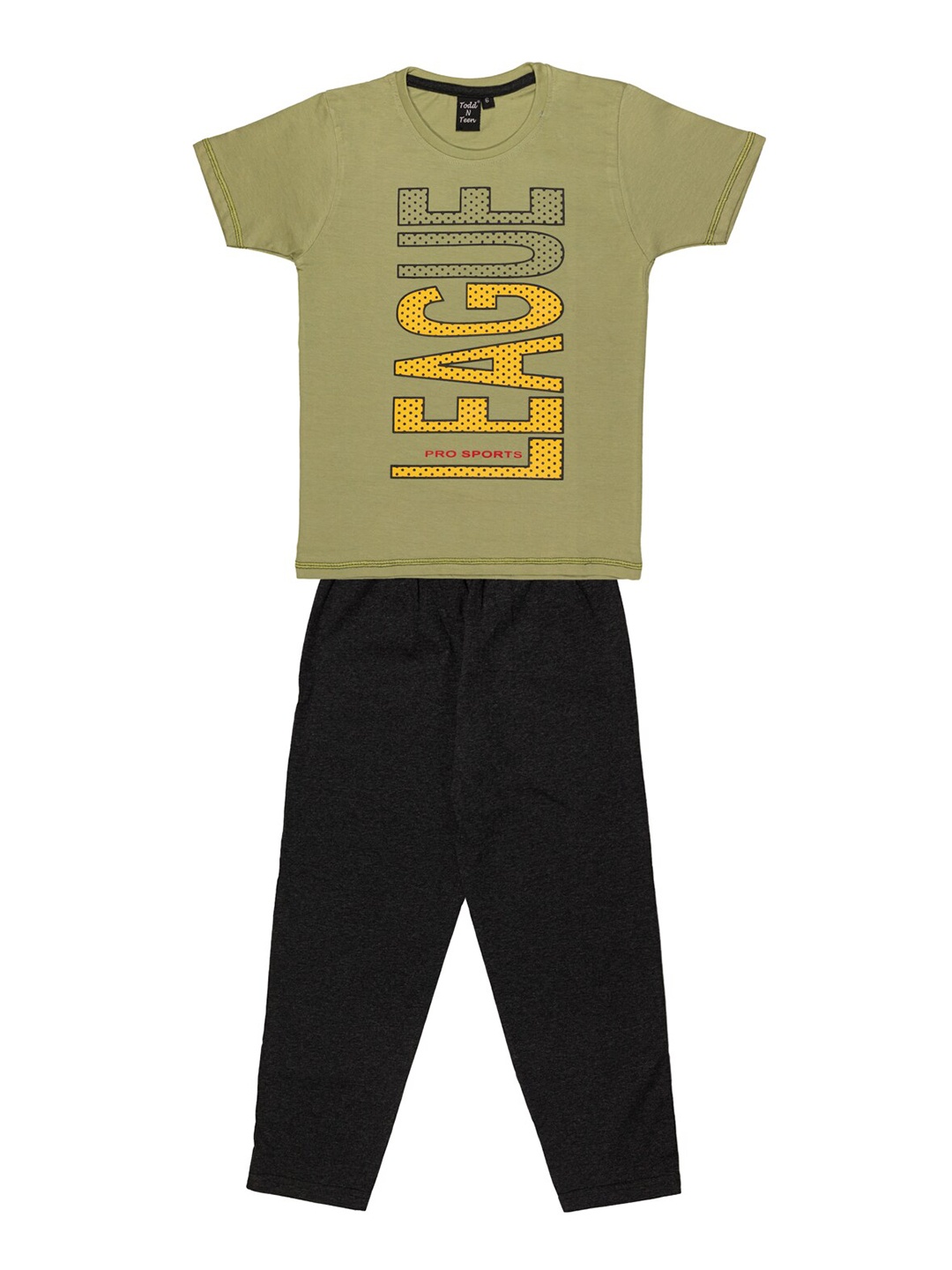

Todd N Teen Boys Khaki Green & Yellow Printed Pure Cotton T-shirt with Capris