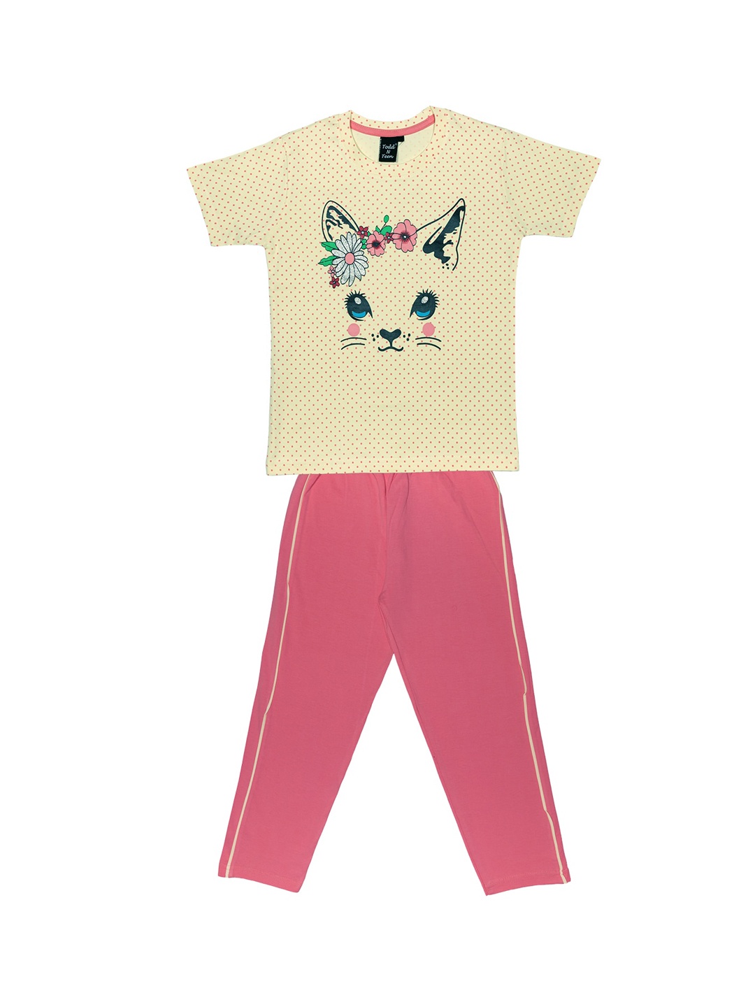 

Todd N Teen Girls Cream-Coloured & Pink Printed Pure Cotton Night suit