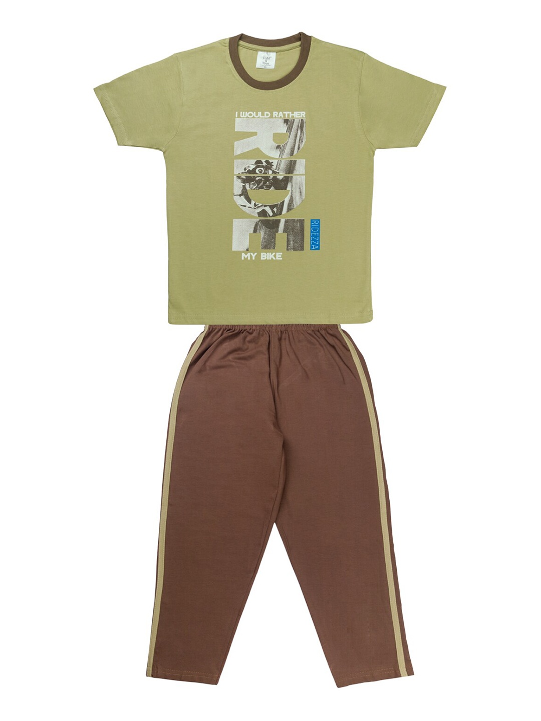 

Todd N Teen Boys Olive Green & Brown Printed Pure Cotton T-shirt with Track Pant