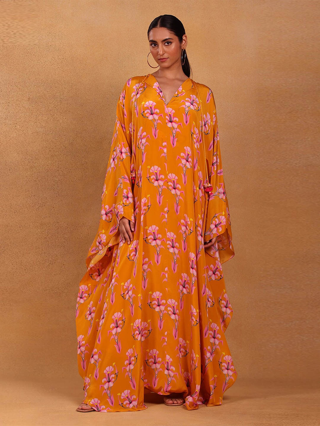 

Masaba Yellow Floral Crepe Kaftan Midi Dress