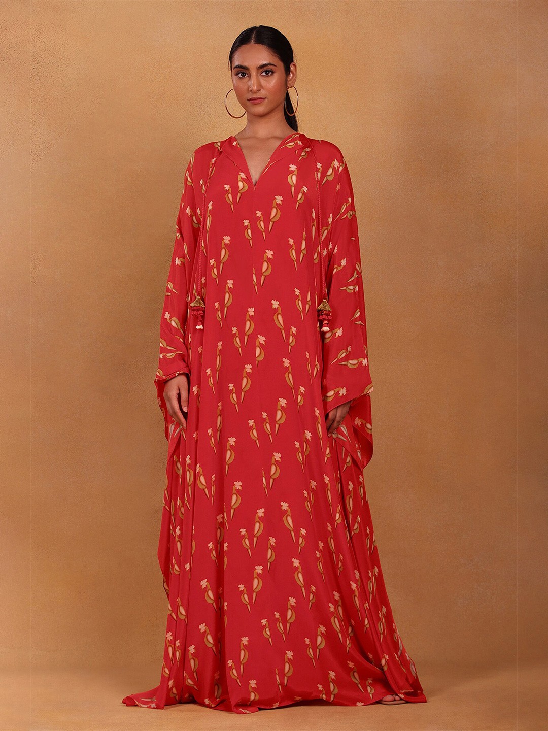 

Masaba Red Floral Crepe A-Line Midi Dress