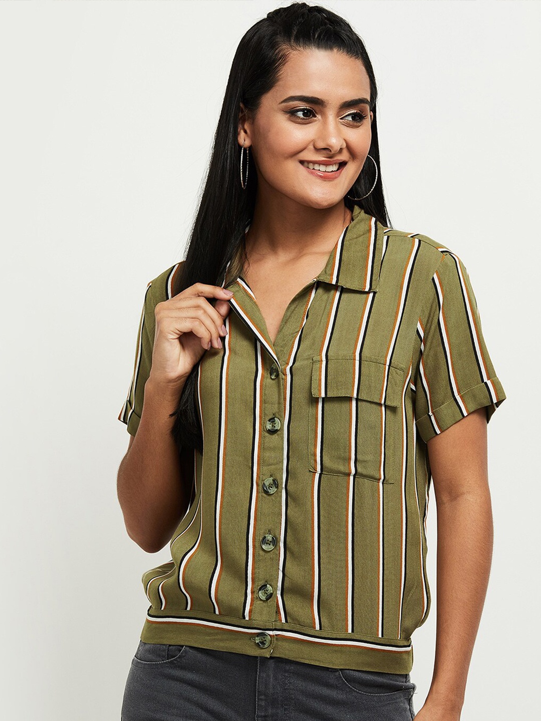 

max Women Green Striped Casual Shirt