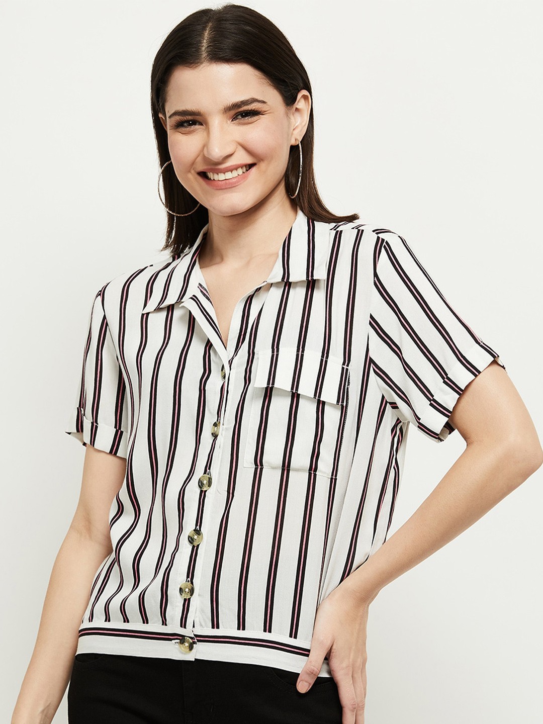 

max Women White Striped Casual Shirt