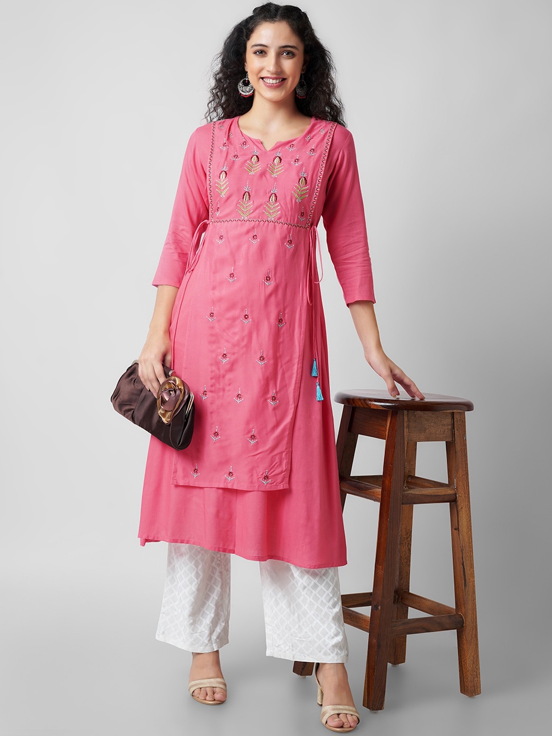 

KALINI Women Peach-Coloured Keyhole Neck Flared Sleeves Thread Work Handloom Kurta