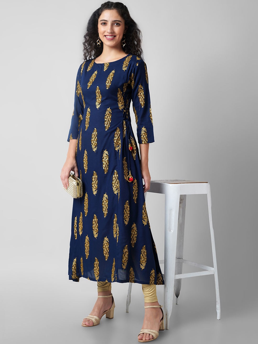 

KALINI Women Navy Blue Ethnic Motifs Dyed Thread Work Handloom Anarkali Kurta