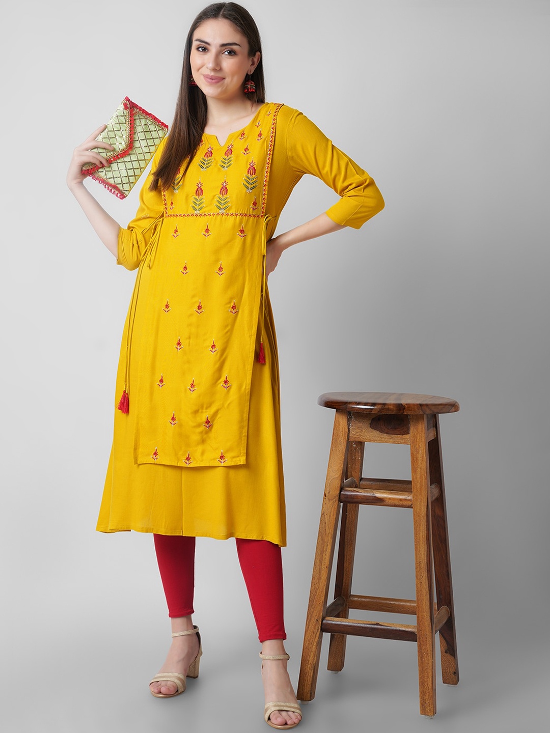 

KALINI Women Mustard Yellow Ethnic Motifs Embroidered Flared Sleeves Thread Work Handloom Kurta