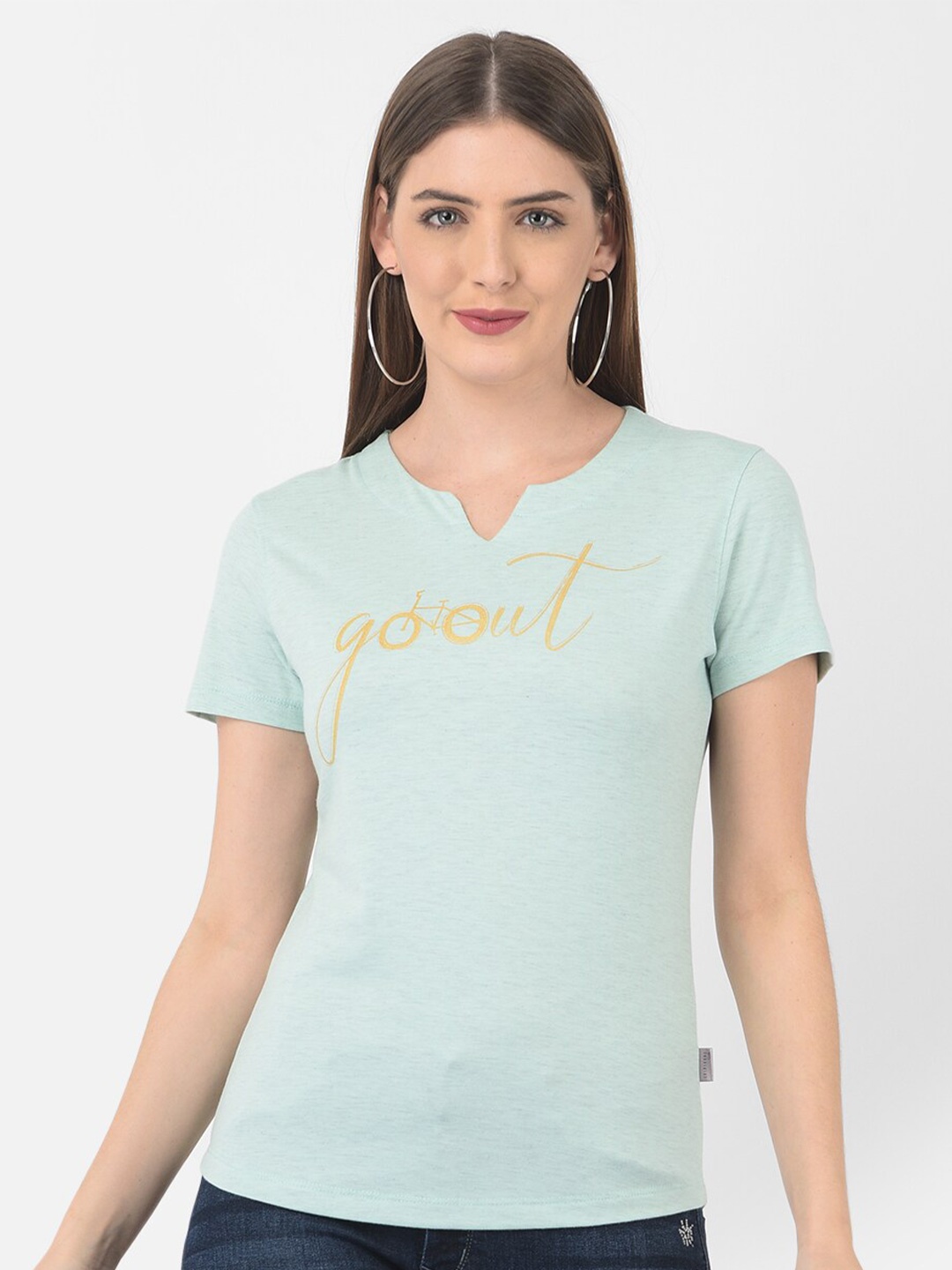 

Crimsoune Club Women Green Typography V-Neck Slim Fit T-shirt