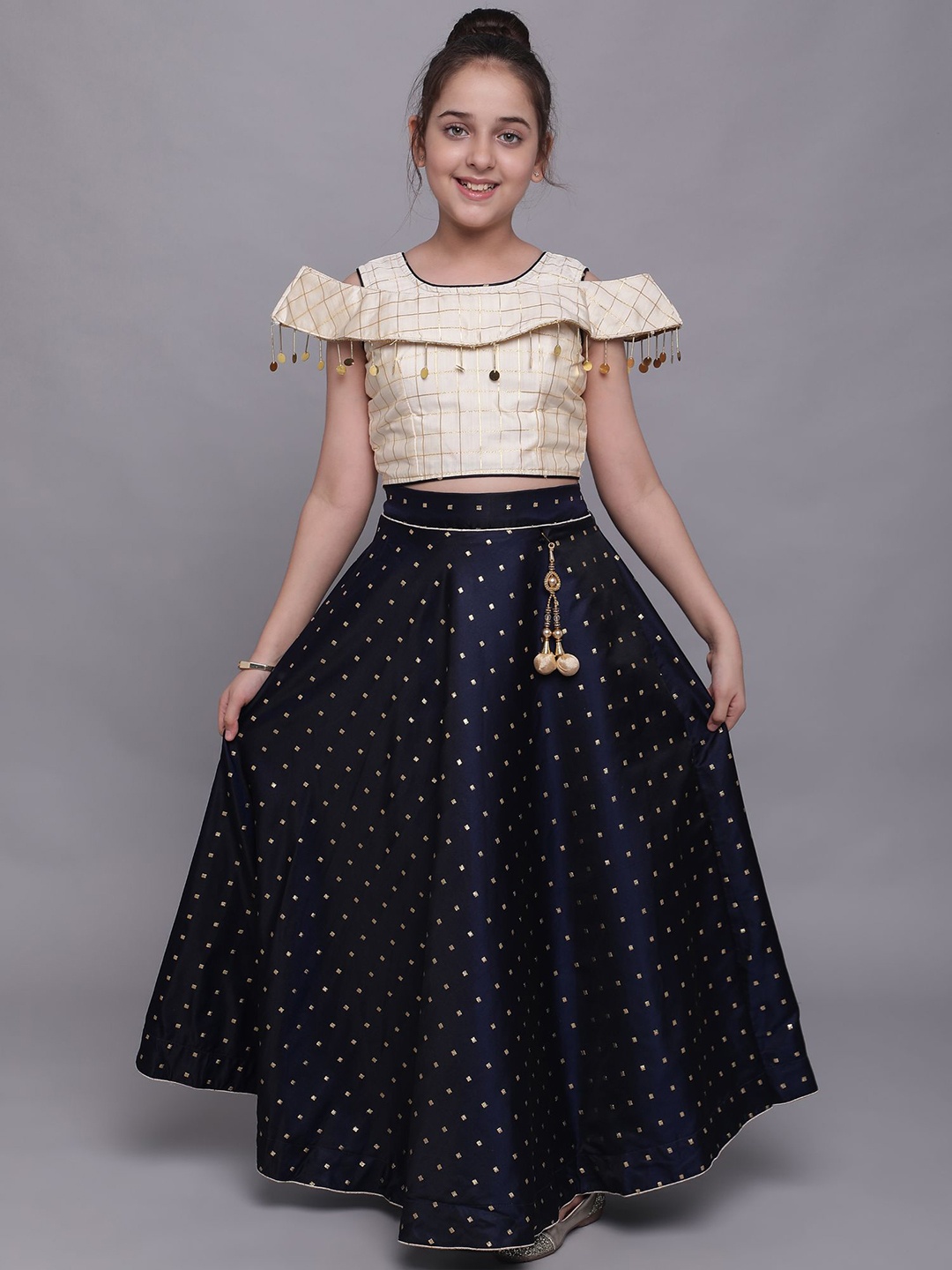 

White World Girls Navy Blue & Beige Ready to Wear Lehenga & Choli