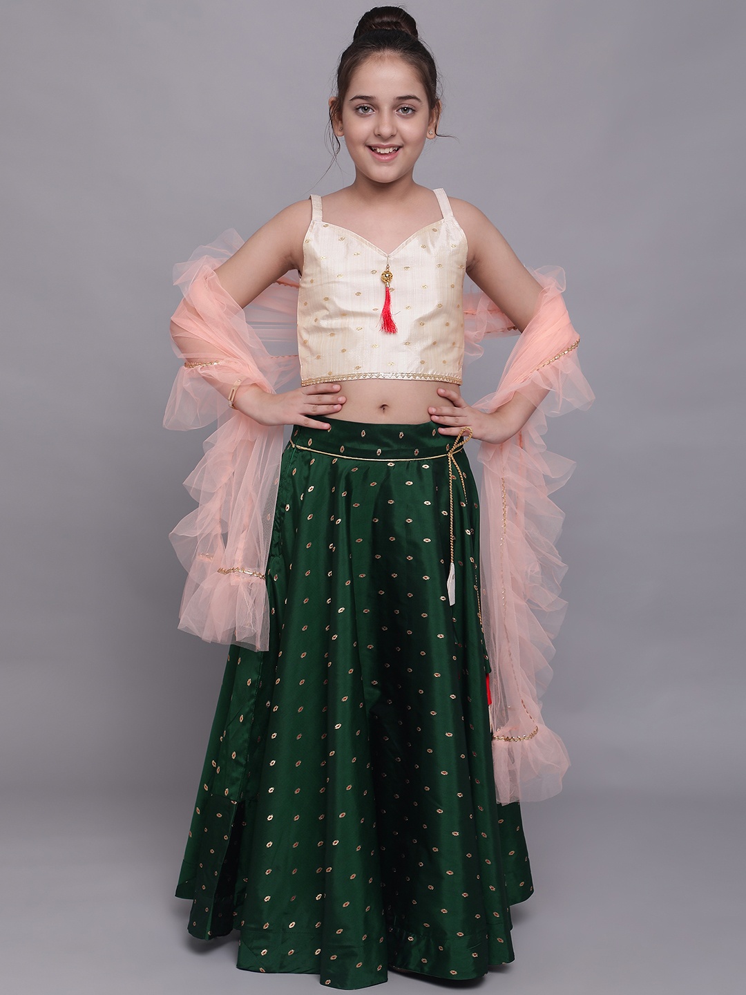

White World Girls Green & Cream-Coloured Lehenga & Blouse With Dupatta