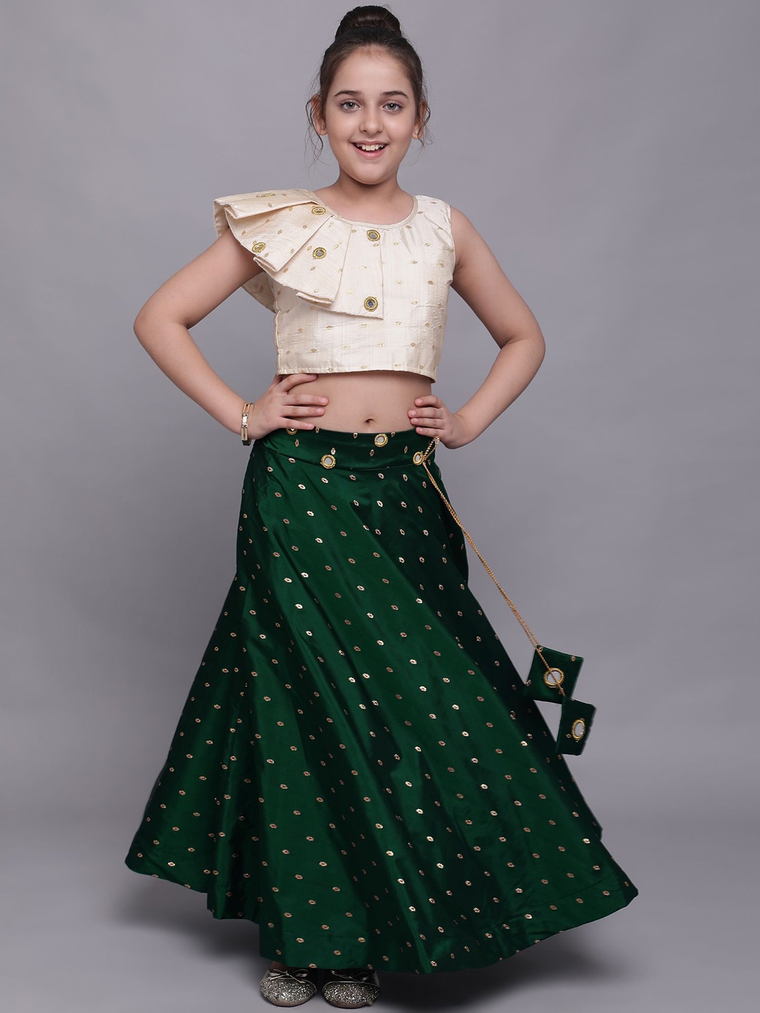 

White World Girls Green & Beige Mirror Work Ready to Wear Lehenga &