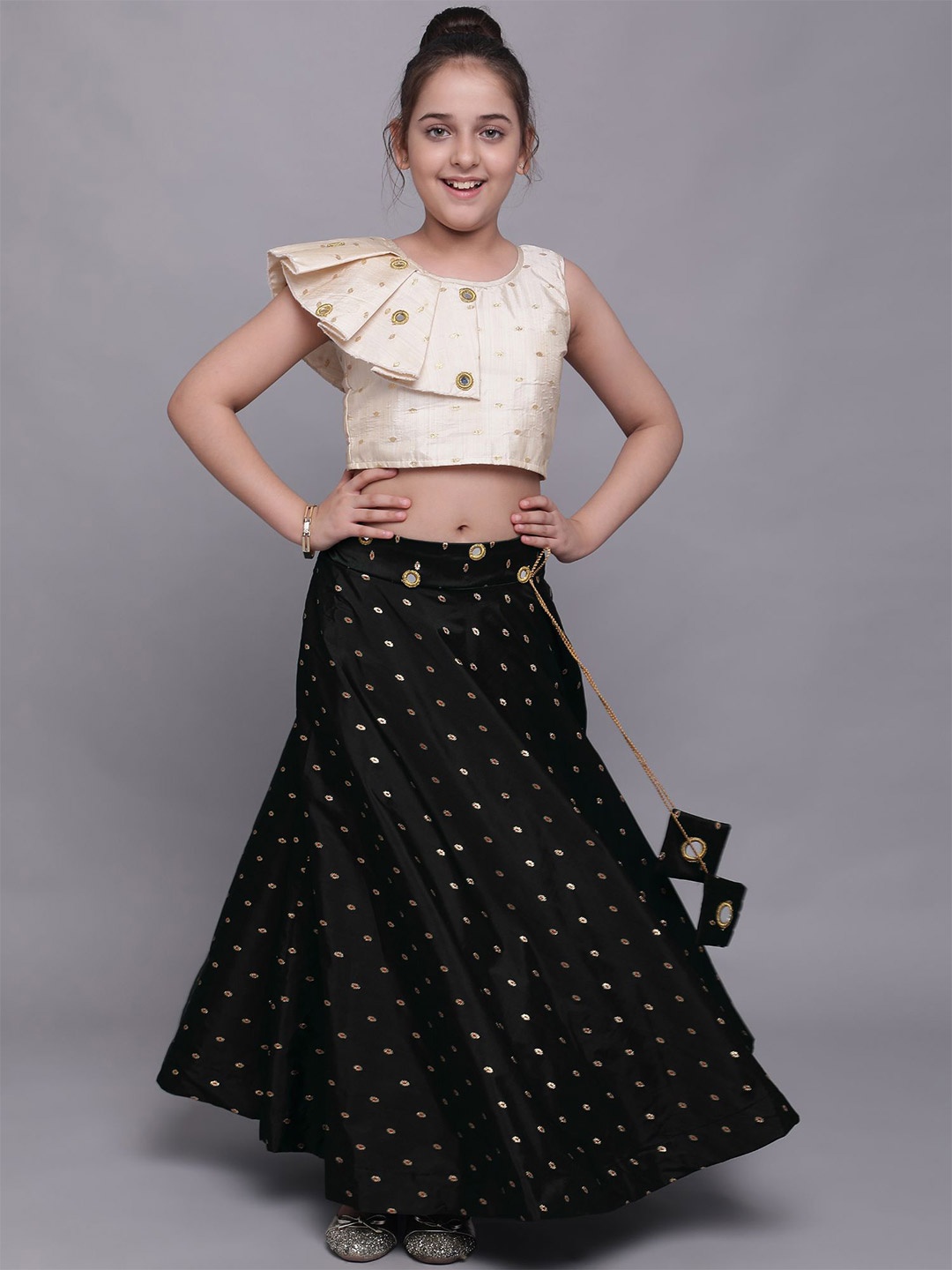 

White World Girls Black & Cream Mirror Work Ready to Wear Lehenga & Choli