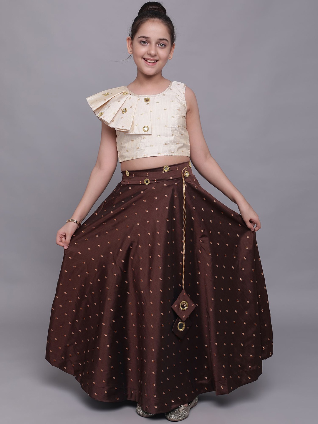 

White World Girls Brown & Beige Mirror Work Ready to Wear Lehenga & Choli