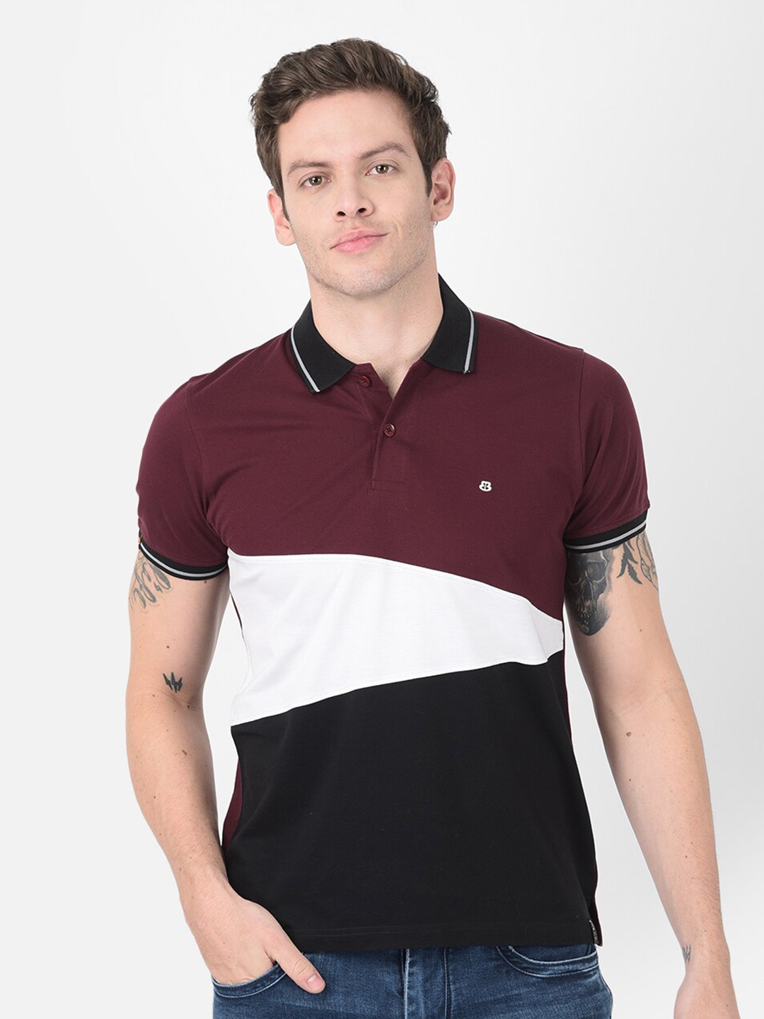 

berry blues Men Purple Colourblocked Polo Collar Cotton T-shirt