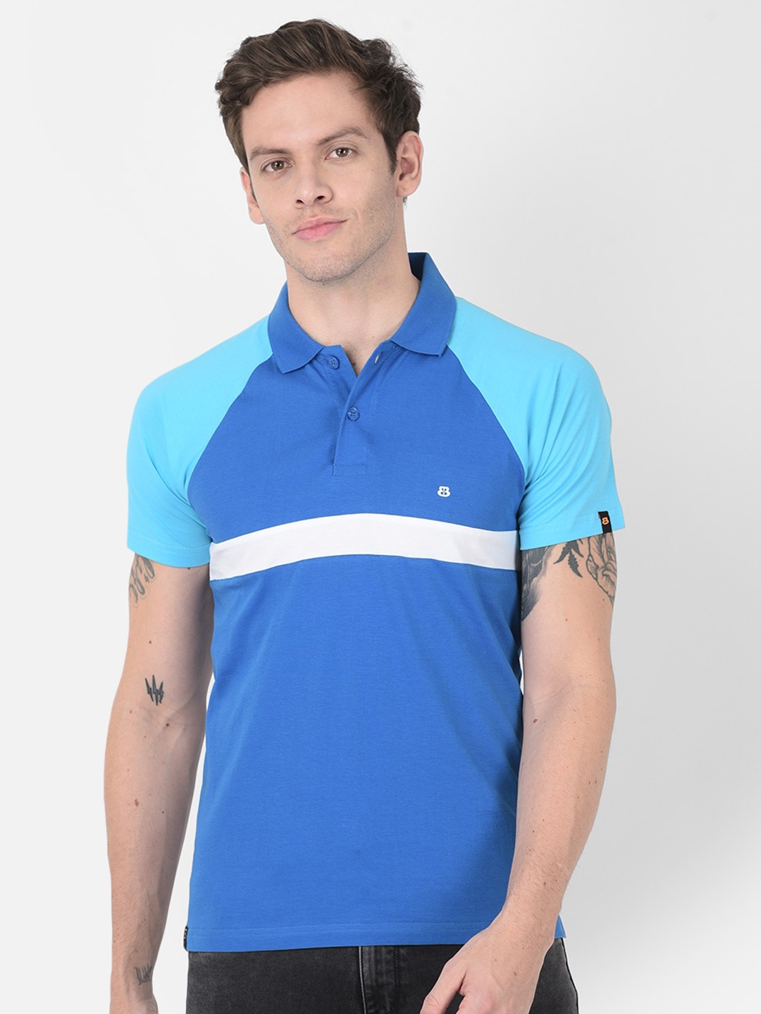 

berry blues Men Blue Colourblocked Polo Collar Cotton T-shirt