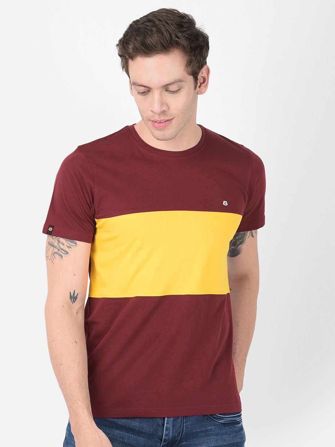 

berry blues Men Colourblocked Cotton T-shirt, Maroon