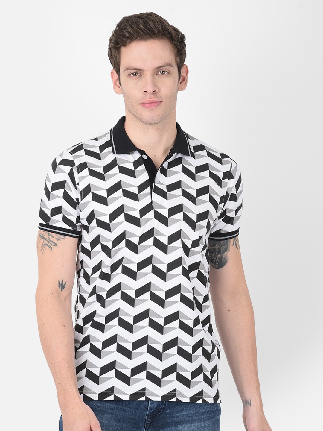 

berry blues Men White Printed Polo Collar Cotton T-shirt