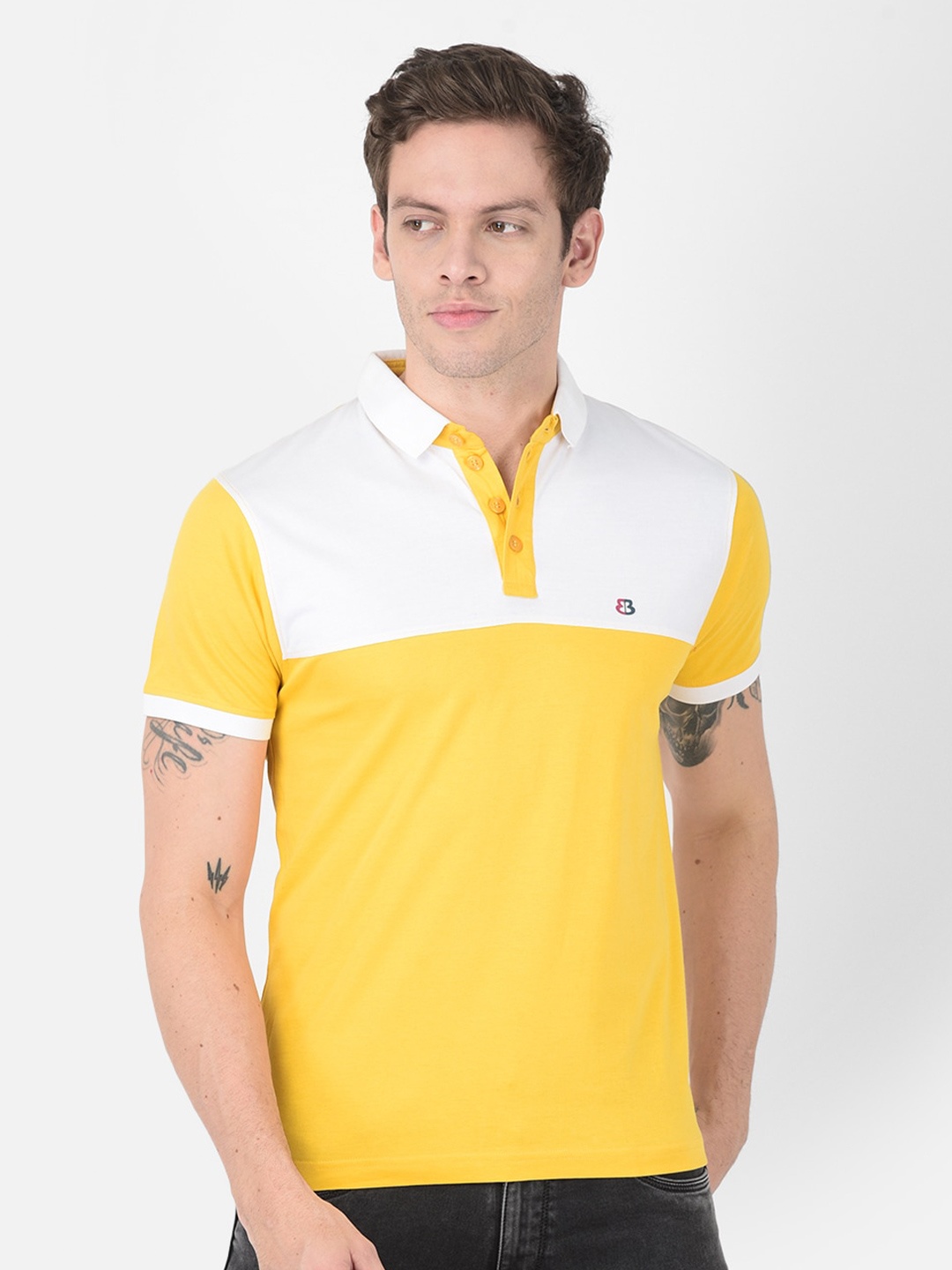 

berry blues Men Yellow & White Colourblocked Polo Collar Cotton T-shirt