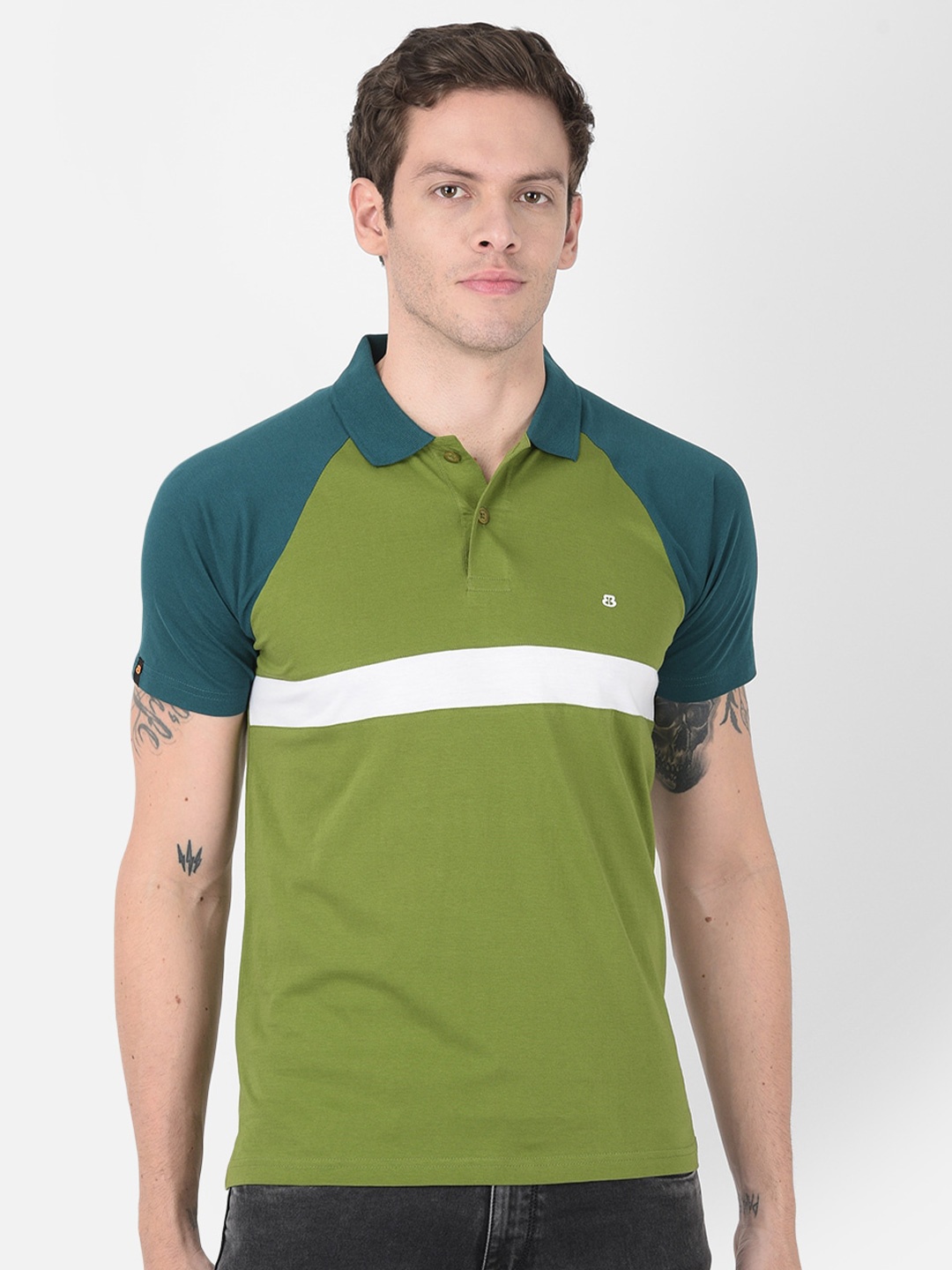 

berry blues Men Colourblocked Cotton Polo Collar T-shirt, Green