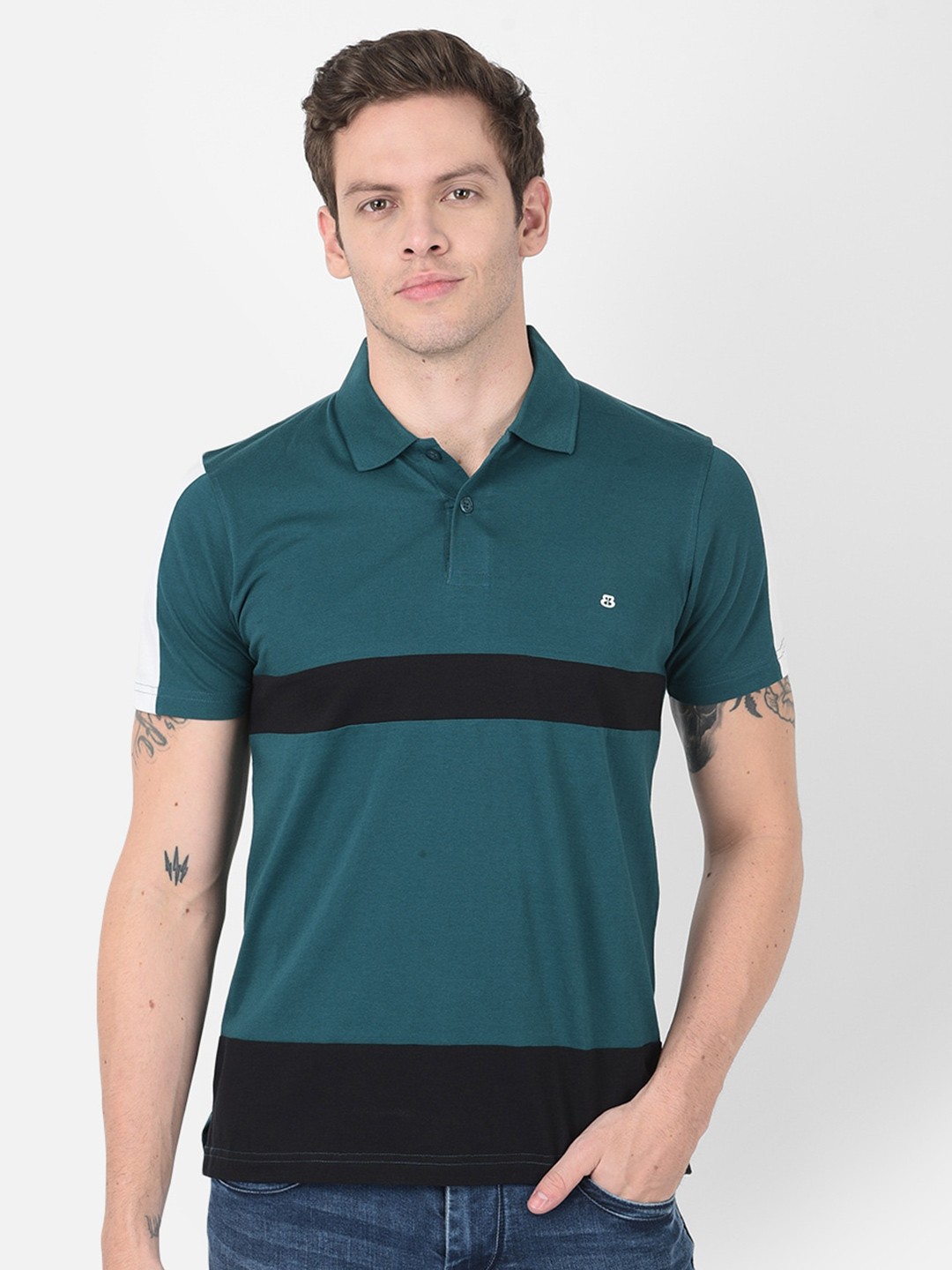 

berry blues Men Striped Polo Collar Applique Cotton T-shirt, Green