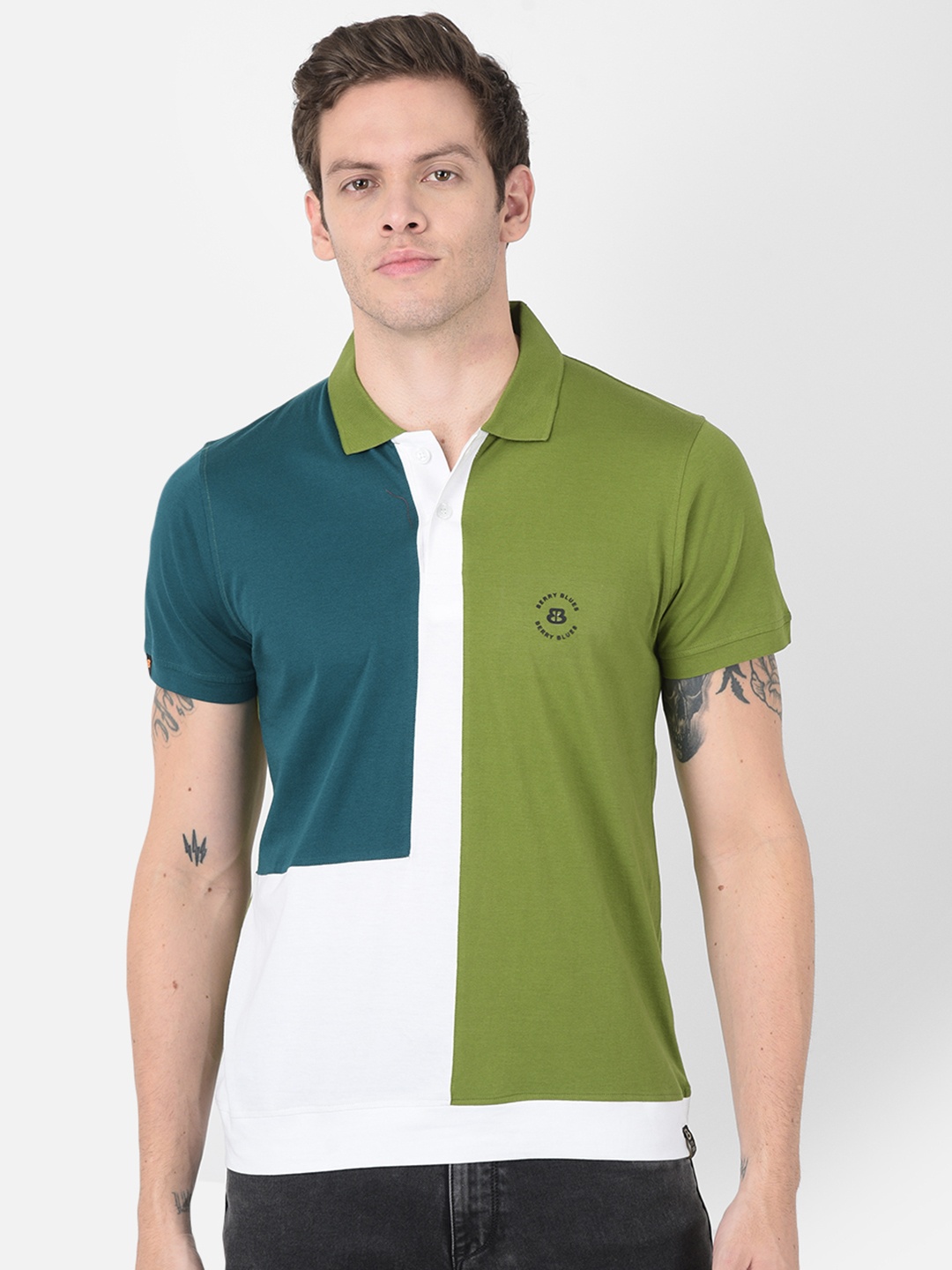 

berry blues Men Green Colourblocked Polo Collar Cotton T-shirt