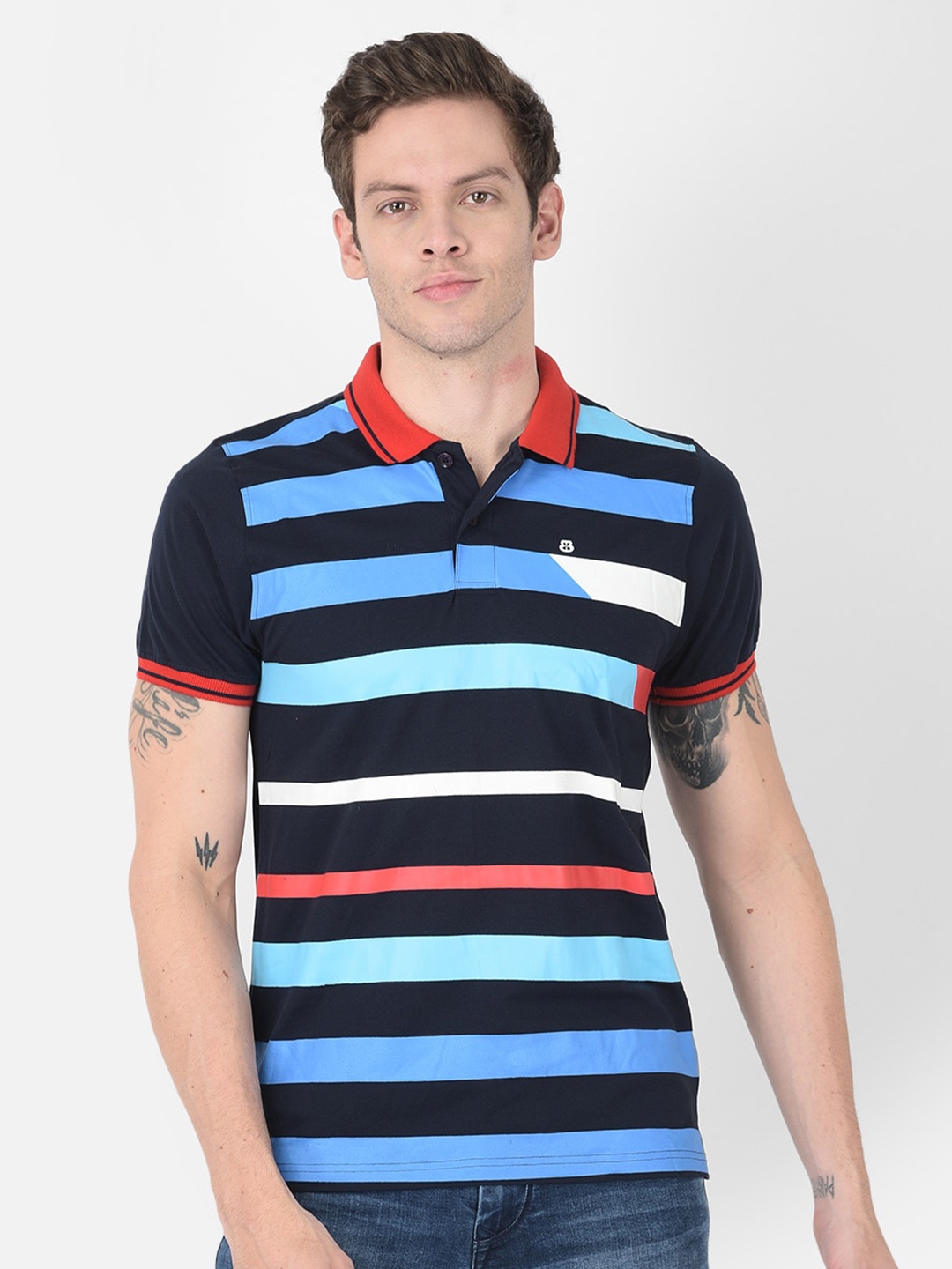 

berry blues Men Striped Polo Collar Cotton T-shirt, Blue