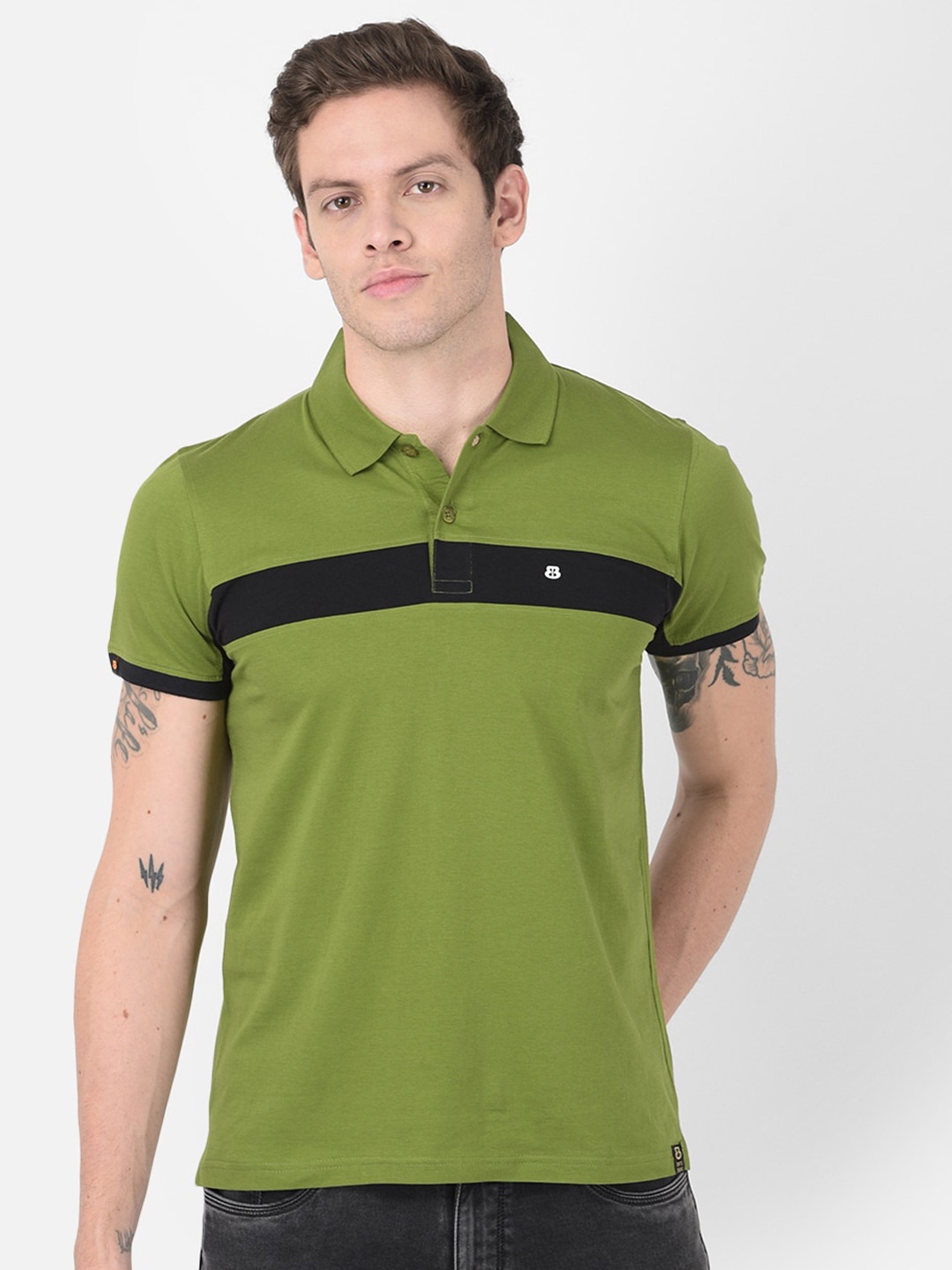 

berry blues Men Striped Cotton Polo Collar T-shirt, Green