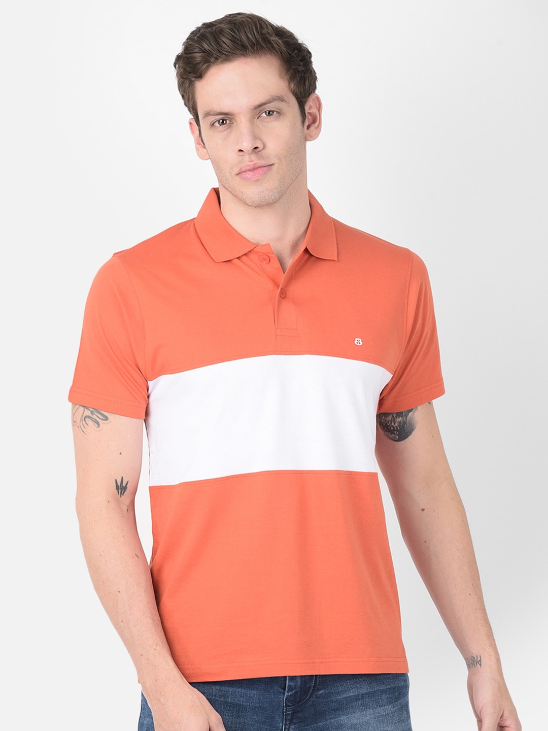 

berry blues Men Rust & White Colourblocked Polo Collar Cotton T-shirt