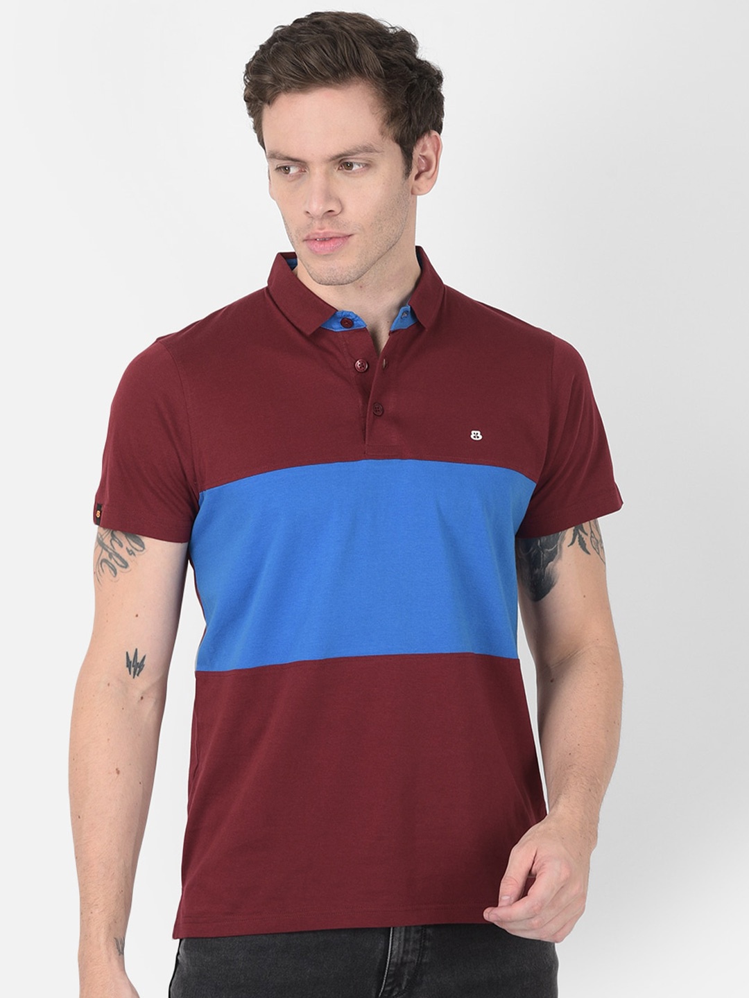 

berry blues Men Colourblocked Cotton Polo Collar T-shirt, Maroon