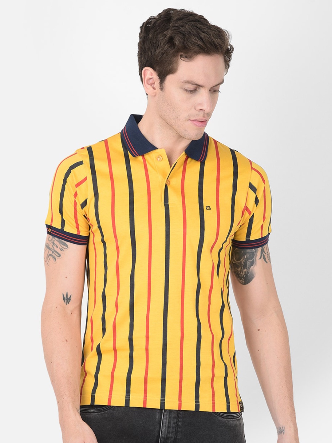 

berry blues Men Striped Polo Collar Cotton T-shirt, Yellow