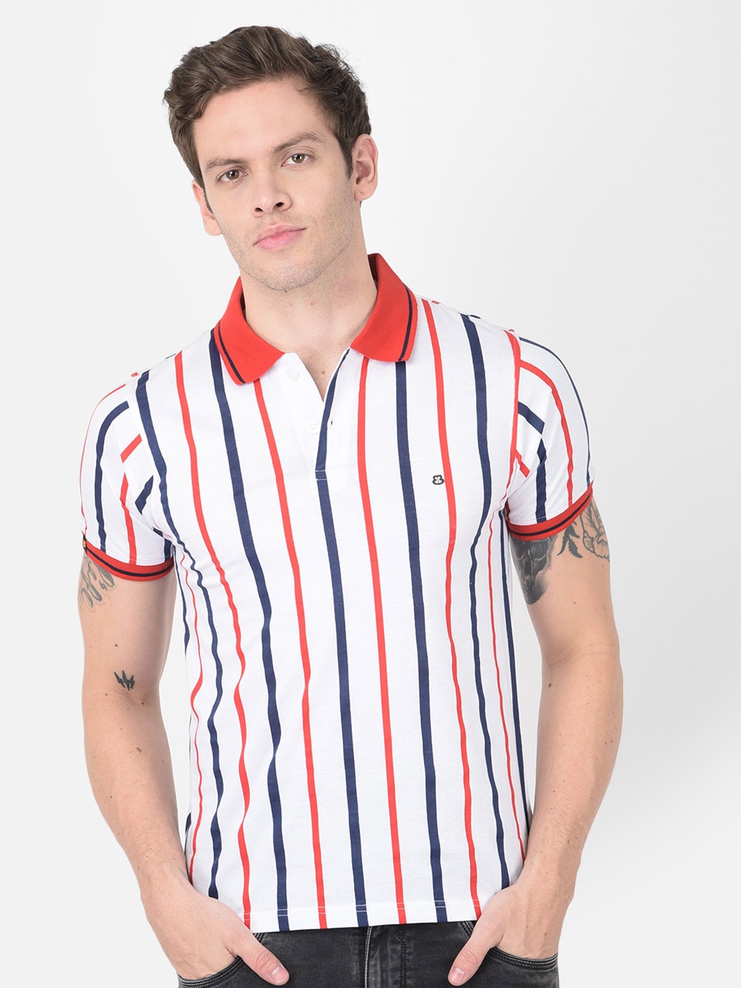

berry blues Men White Striped Polo Collar Cotton T-shirt