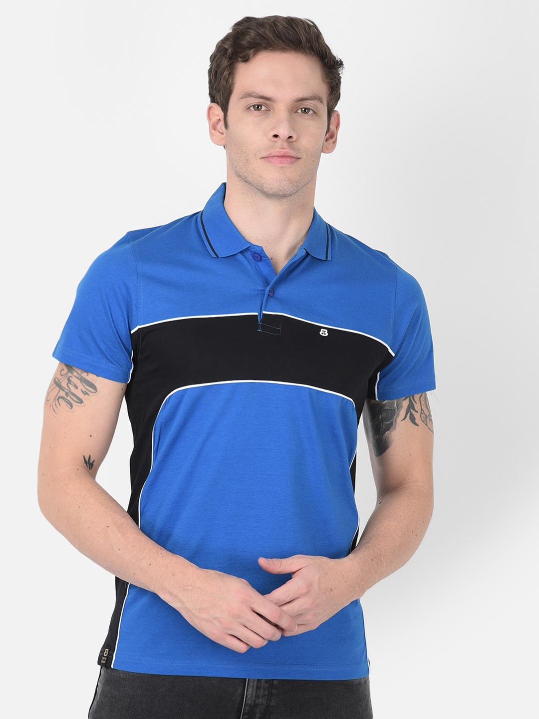 

berry blues Men Colourblocked Cotton Polo Collar T-shirt, Blue