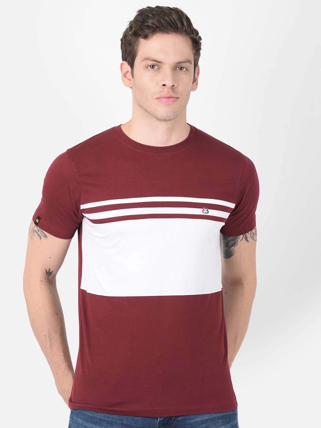 

berry blues Men Maroon Colourblocked Cotton T-shirt