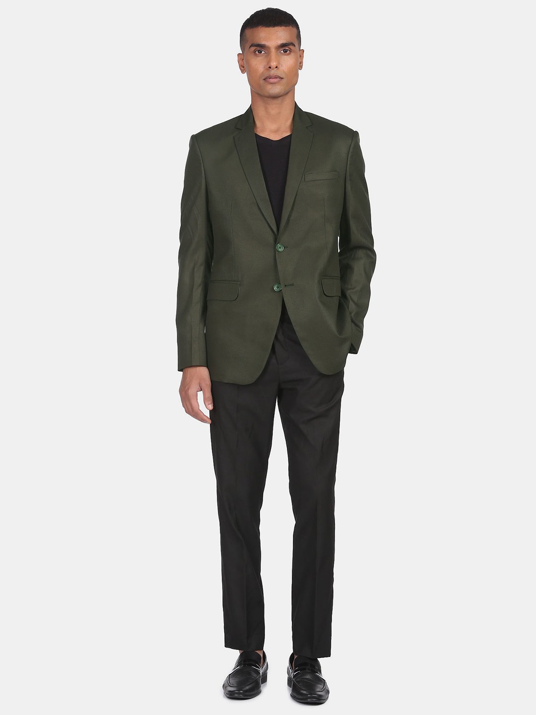 

AD By Arvind Men Olive Green Solid Single-Breasted Blazers