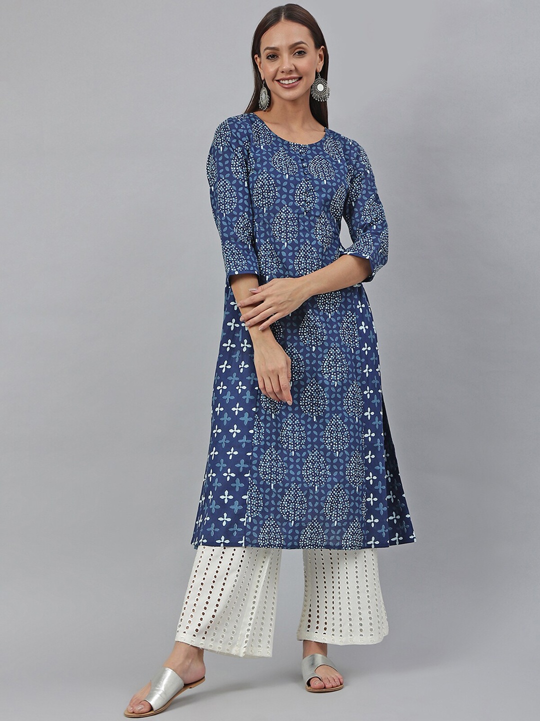 

Janasya Women Blue Cotton Block Print Flared Kurta