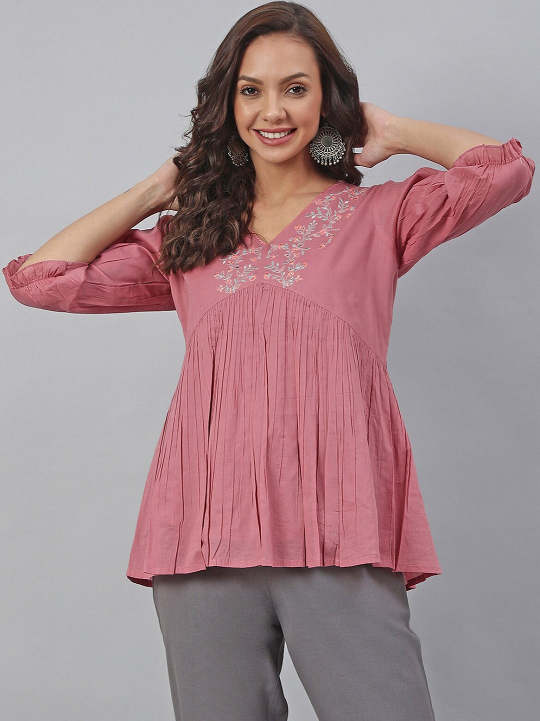 

Janasya Women Pink Cotton Embroidered Fit and Flared Top