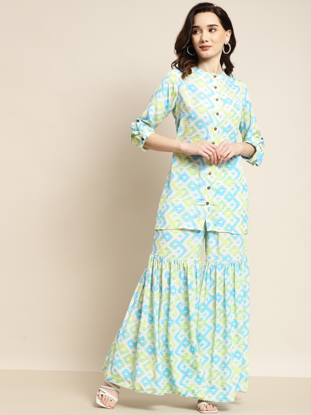 

Shae by SASSAFRAS Women Blue Ikat Printed Kurta with Sharara