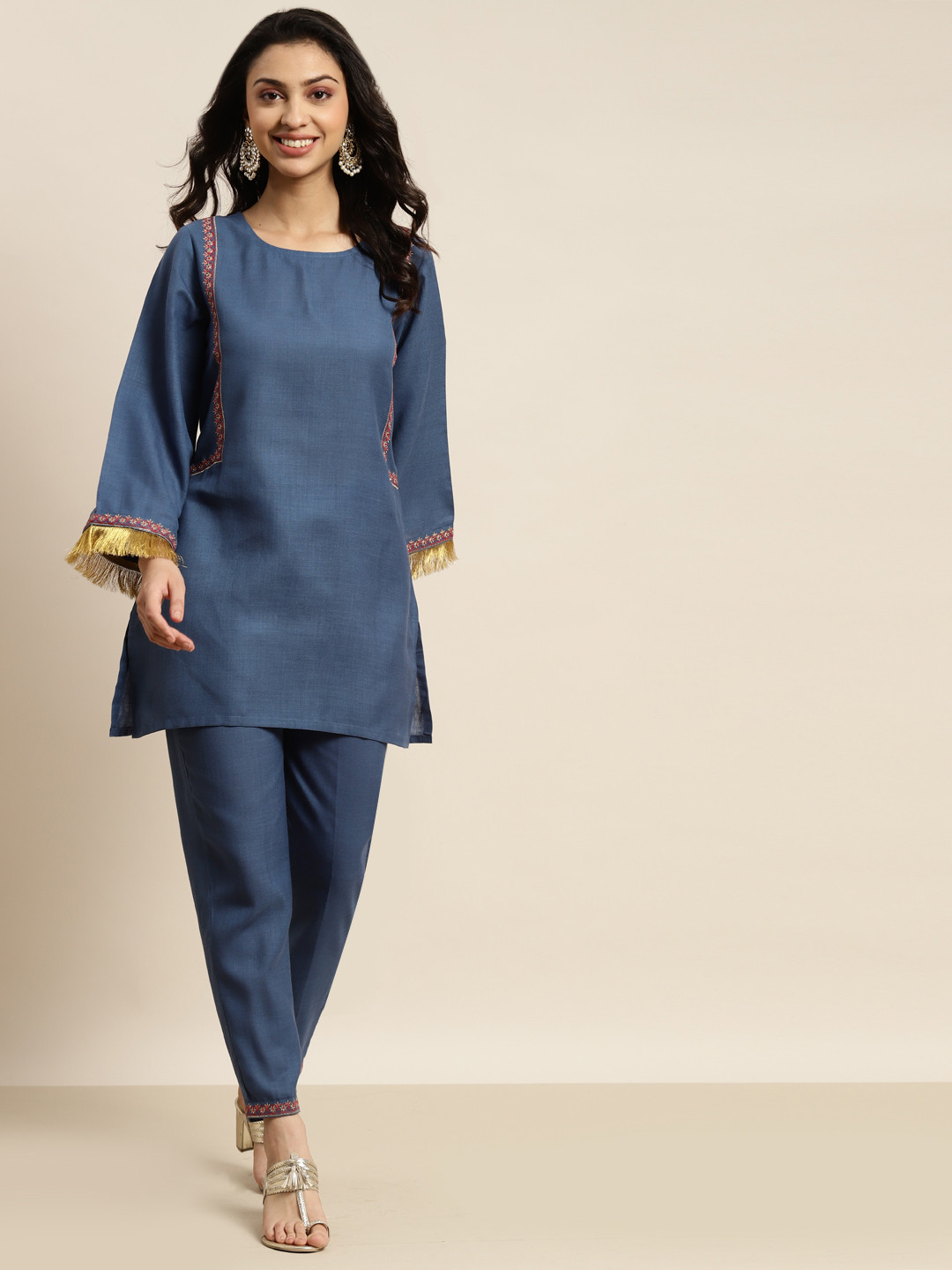 

Shae by SASSAFRAS Navy Blue Embroidered Kurti With Pencil Pants