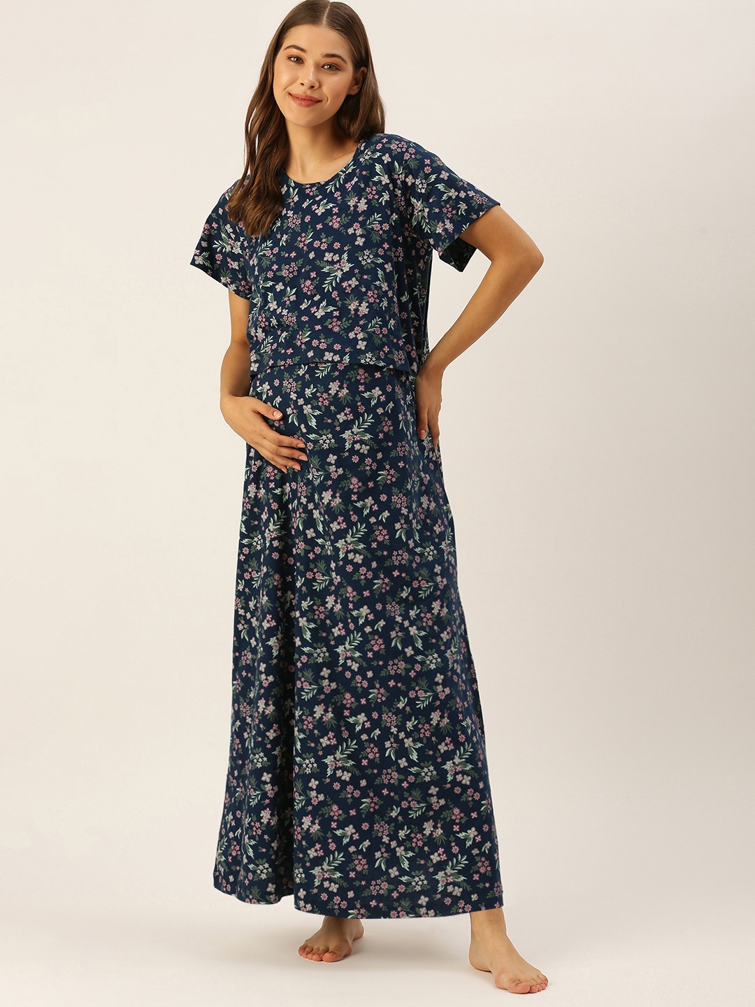 

Nejo Navy Blue & Pink Floral Printed Layered Cotton Maxi Maternity Nightdress